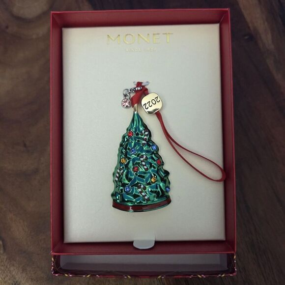 2022 Monet Christmas Tree Pendant Enamel / Gold Tone Ornament - Picture 11 of 14